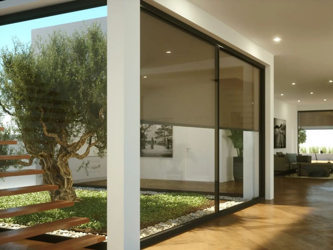 Vertical awnings on large windows