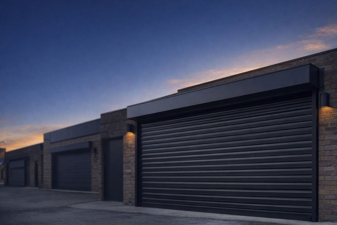 Row of commercial roll-up doors on an industrial laneway