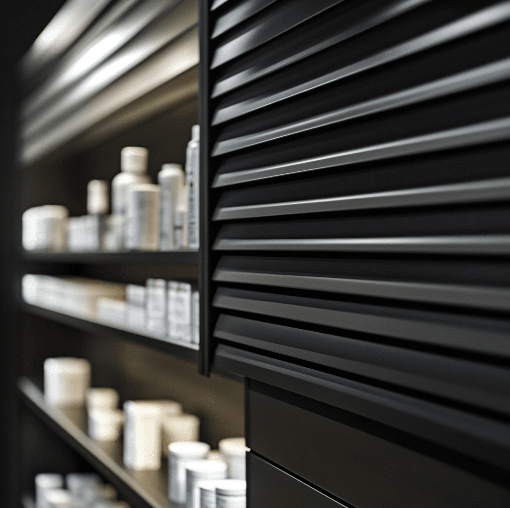 Pharmacy storefront protected by a see-through roll-up security grille