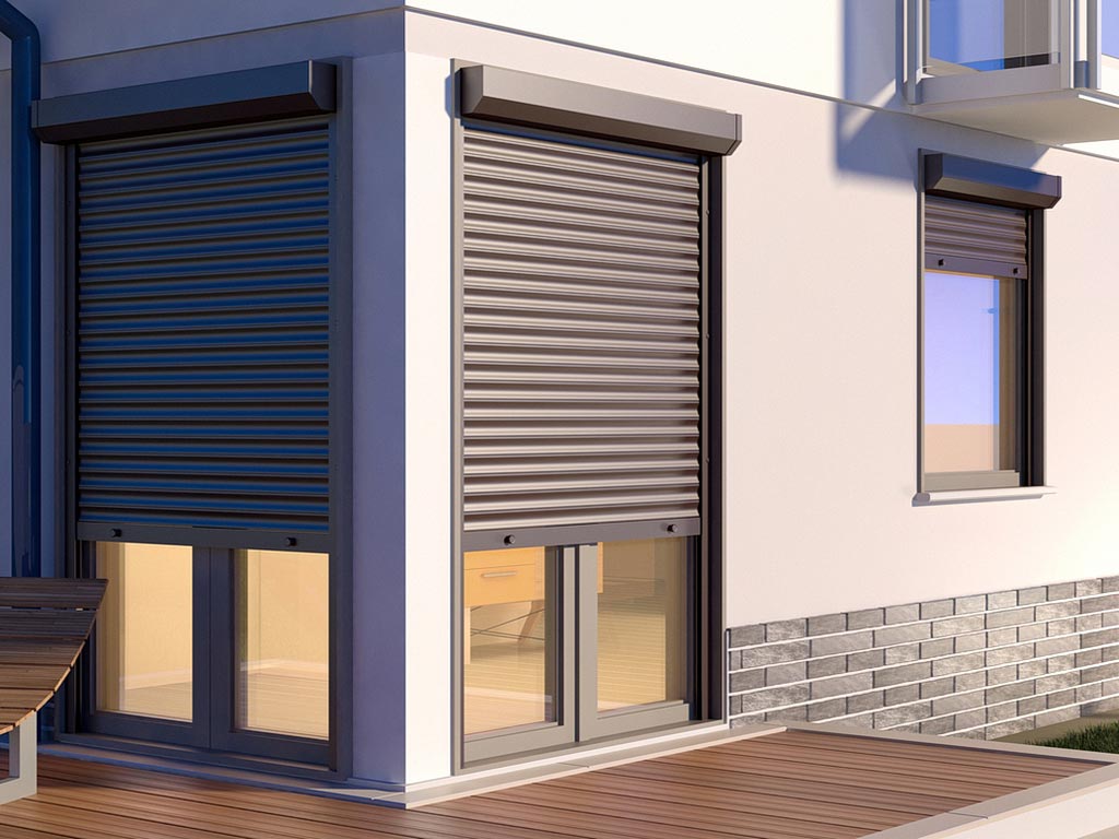 Dual roll-up security shutters installed on residential windows