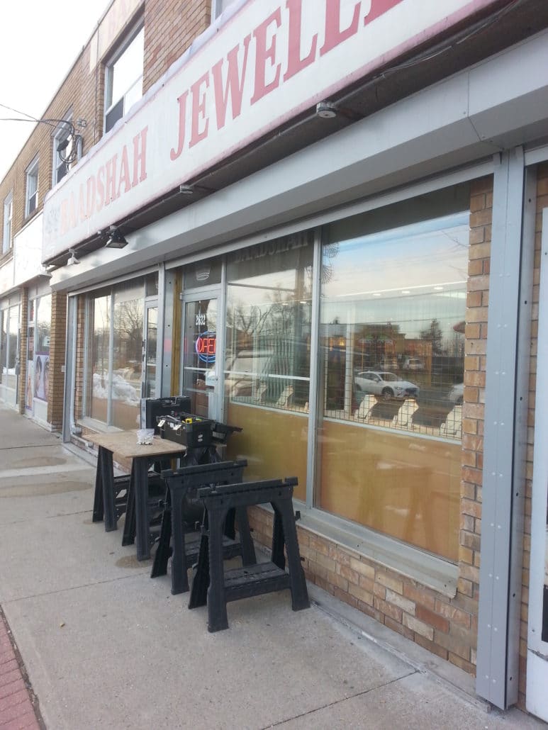 Security shutter protecting a jewellery storefront after hours