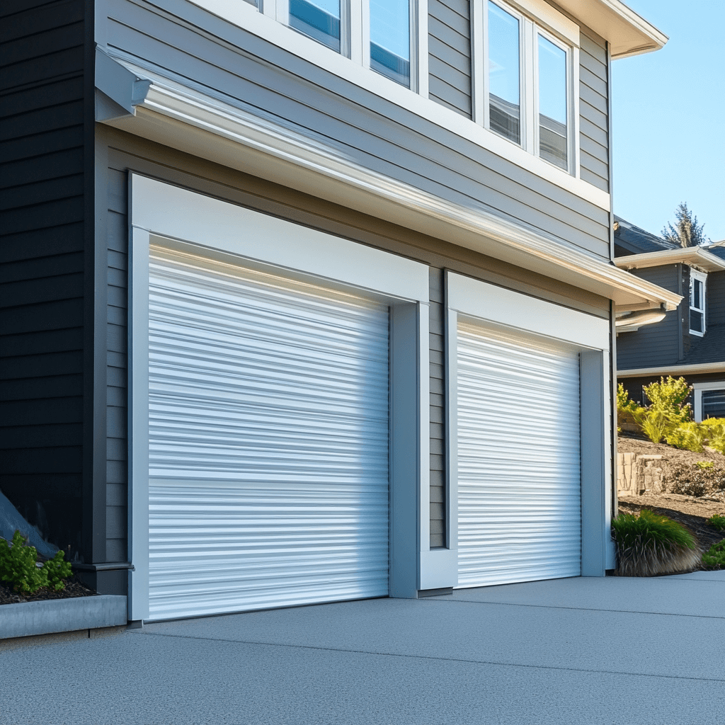 White roll-up garage doors on a modern residential property