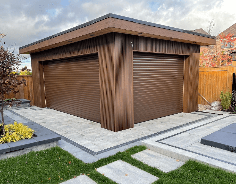 Roll-up garage door with an overhead pergola on a residential property