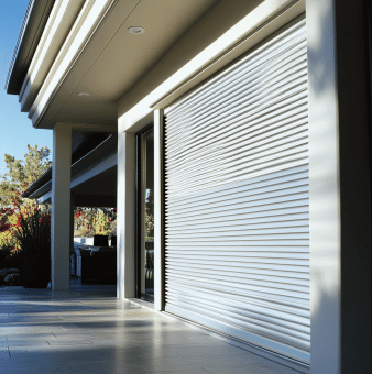 Modern patio door protected by an exterior roll-up shutter
