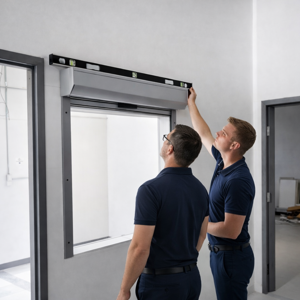 Technicians servicing an open roll-up shutter