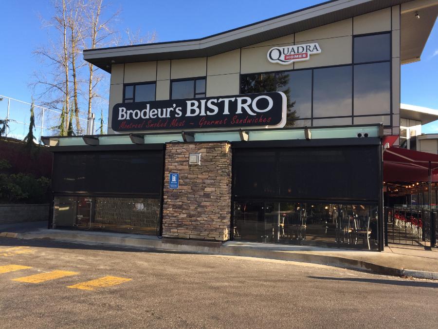 Retractable screens enclosing a bistro's street-front patio